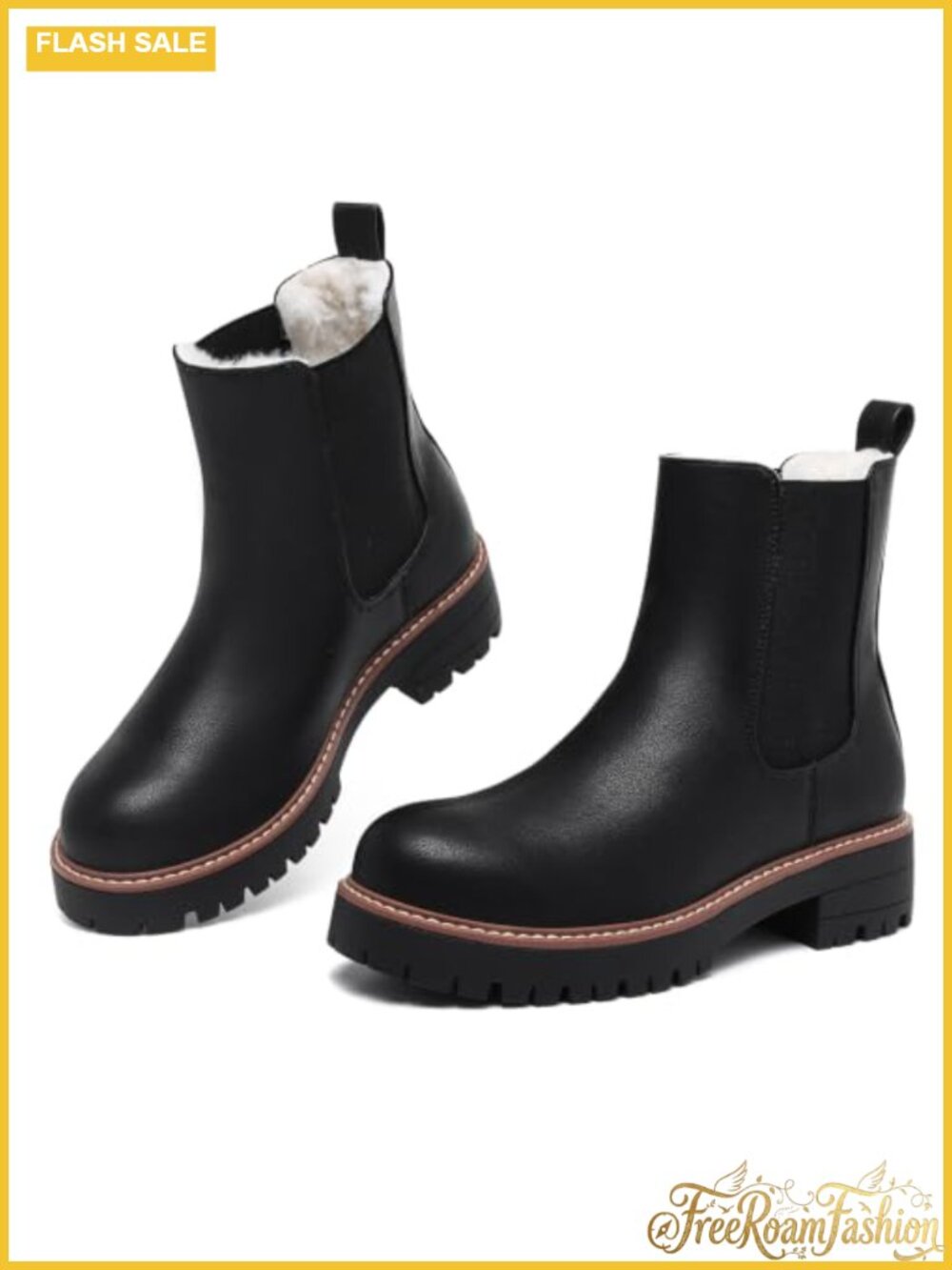 Chelsea Boots Women Fur Lined Chunky Lug Sole Ankle Booties